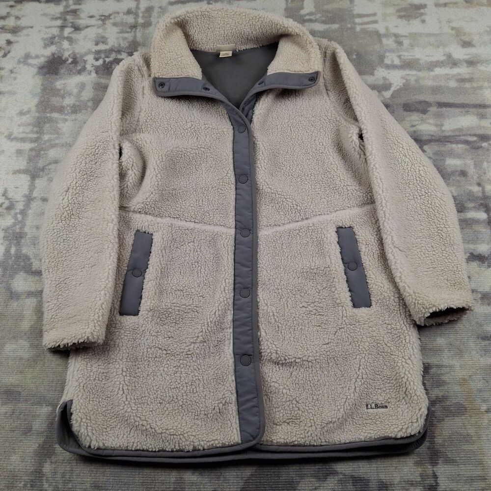 LL Bean Womens MEDIUM Sherpa Fleece Jacket Coat Soapstone Snaps Pockets NWT